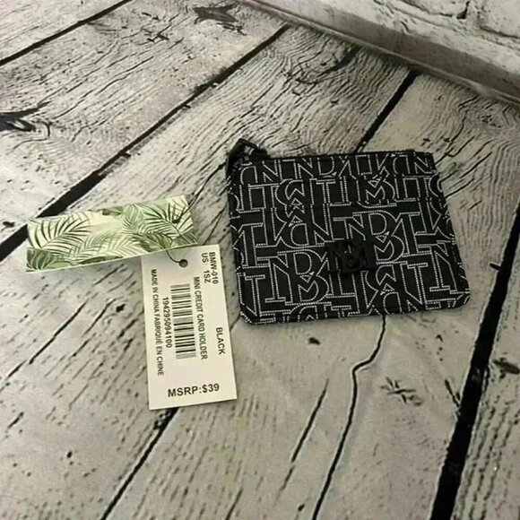 Badgley Mischka Mini Credit Card Holder Black White‎ Zip BM Emblems New - Picture 4 of 6